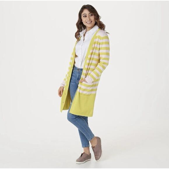 Isaac Mizrahi XL Stripe Button Front Cardigan Sweater Long Duster Green Pink - Picture 1 of 14
